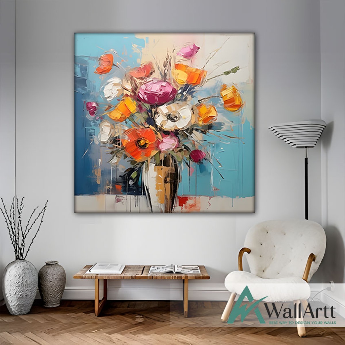 Orange Flowers in Vase 3d Heavy Textured Partial Oil Painting - Wall Art